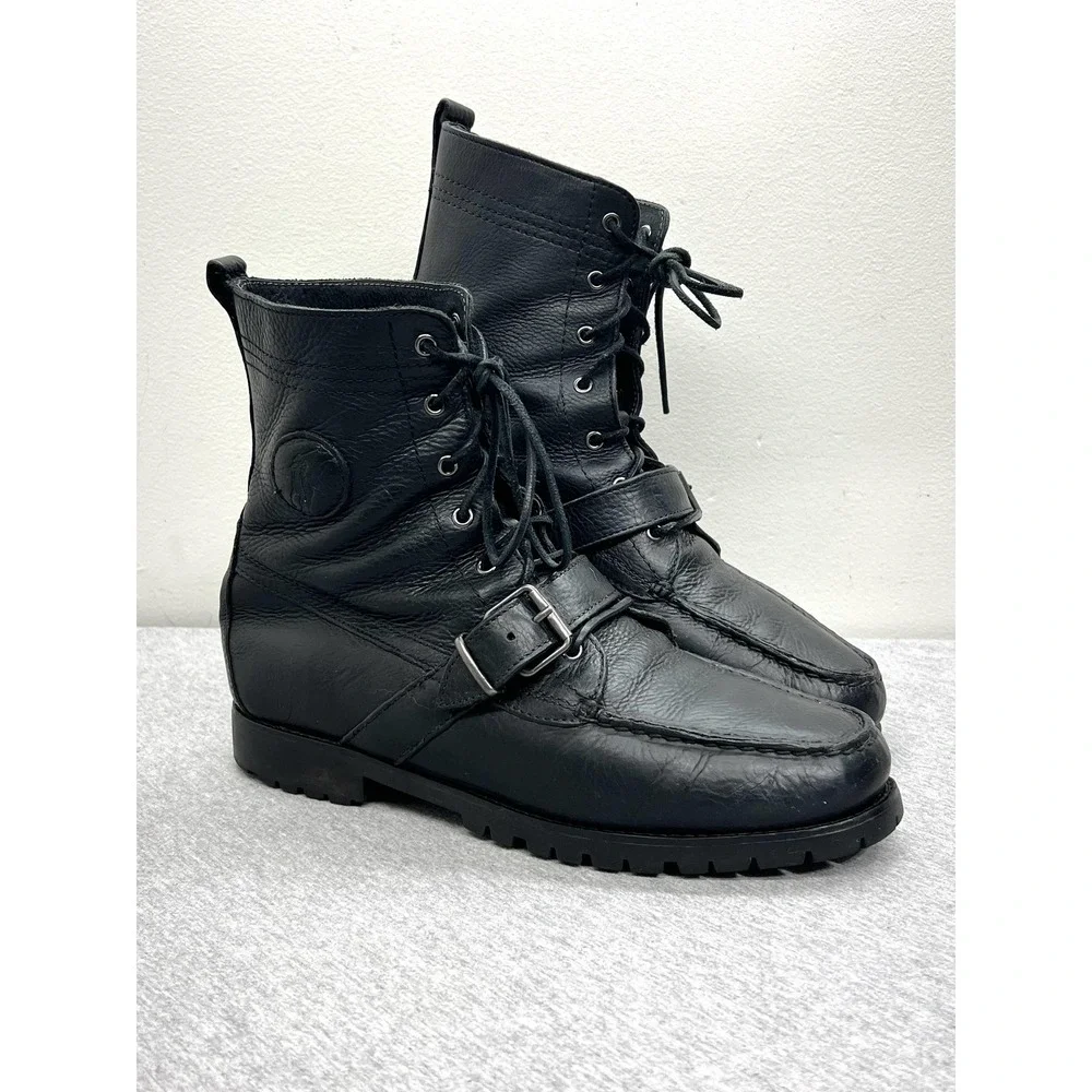 Polo Ralph Lauren Ranger Boots Mens Size 11D Black Leather Buckle Combat Work‎